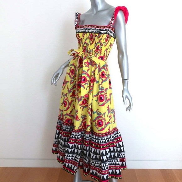 La DoubleJ Smock Dress Yellow Cartwheel Giallo Print Cotton Size Extra Small - Picture 3 of 9